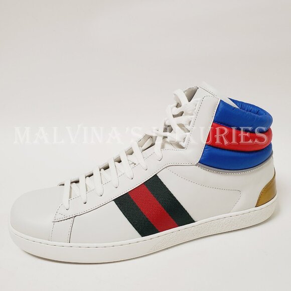 GUCCI SNEAKERS MENS ACE HIGH TOP WHITE LEATHER WEB STRIPE SHOES sz 10G 10.5 - Picture 3 of 12